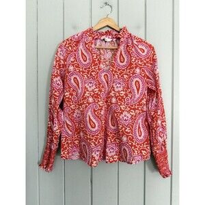 Boden Smocked Cuff Printed Split Neck Top 6 T0914 Pink Orange Cotton